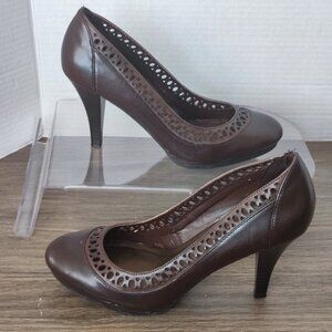 Connie High Heel Pumps Size 7 Brown Stacey Perforated Faux Leather Dressy Shoes